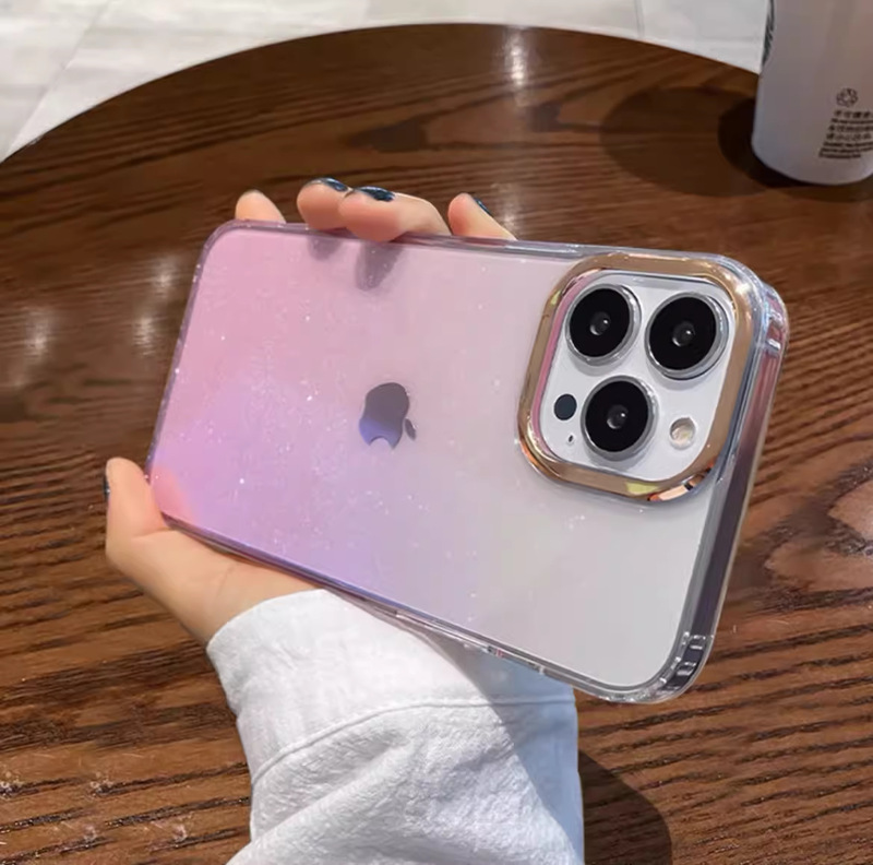 Apple 17 Pro Max用星空グリッターグラデーションスマホケース、iPhone 16用電気メッキレンズリングPC保護ケース|undefined