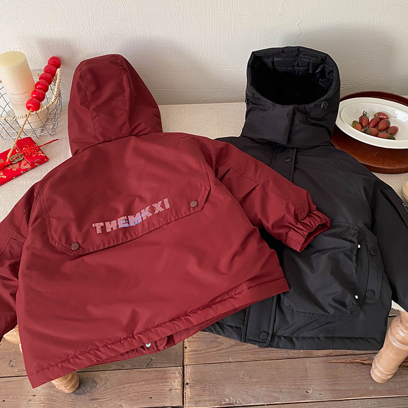 Chaqueta roja para niños, chaqueta encapuchada de invierno para niños, niños mayores, 90 ropa impermeable de acero blanco