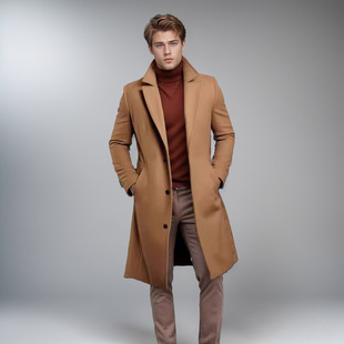 2024 European and American Cross-Border Men's Mid-Length Wool Coat, Slim Fit Suit Collar Trench Coat for Winter Commuting