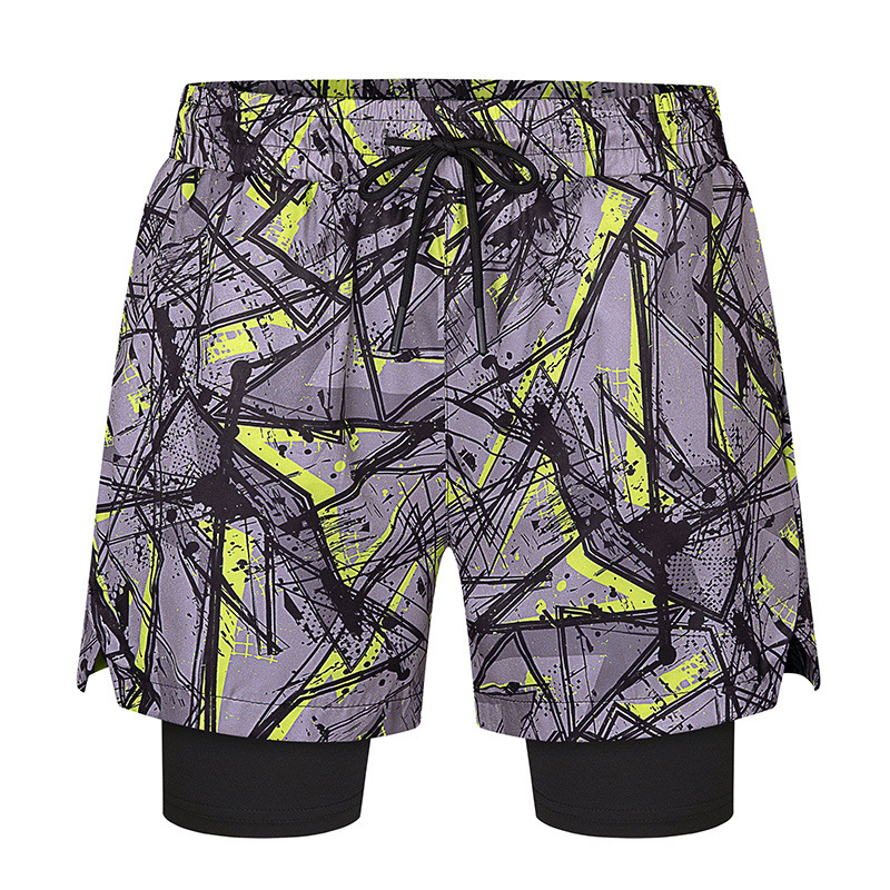 Pantalones cortos deportivos transfronterizos de secado rápido pantalones cortos de dos piezas falsos de los hombres bañador de doble capa anti-exposición pantalones de playa impresos elásticos