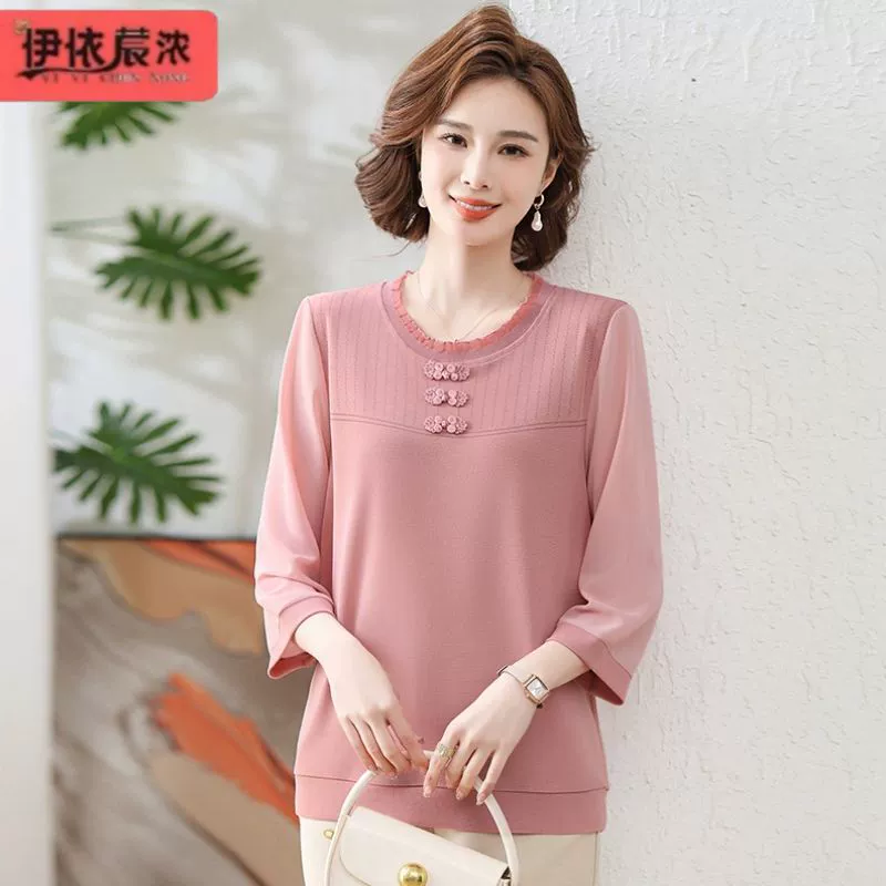 Женский Тонкий Топ с рукавами три четверти для среднего возраста 2024 года на весну и лето, новая одежда для мам, однотонная простая Футболка с рукавами до локтя