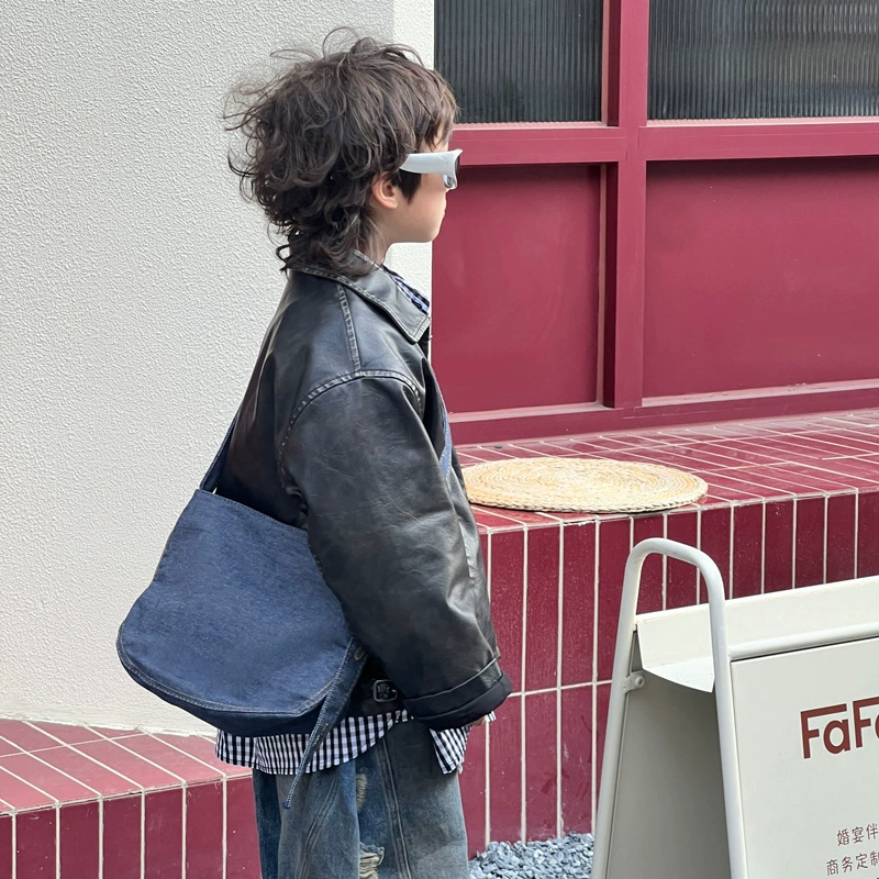 Brand denim shoulder bag for boys, Korean style, South Korea