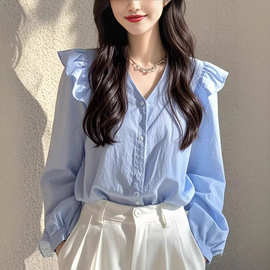 今年流行的漂亮小衫轻奢感法式小众绝美蓝色长袖衬衫女新款
