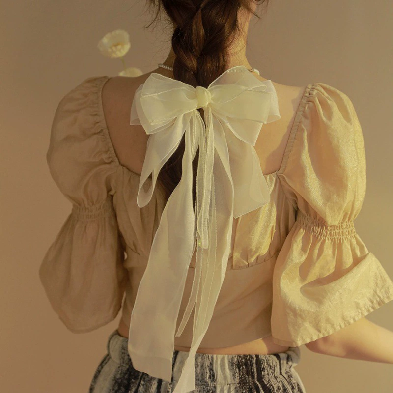 Большой бант Hair Clip — заколка-краб для волос, Elegant Ribbon Tails, Фуксия или Бежевый