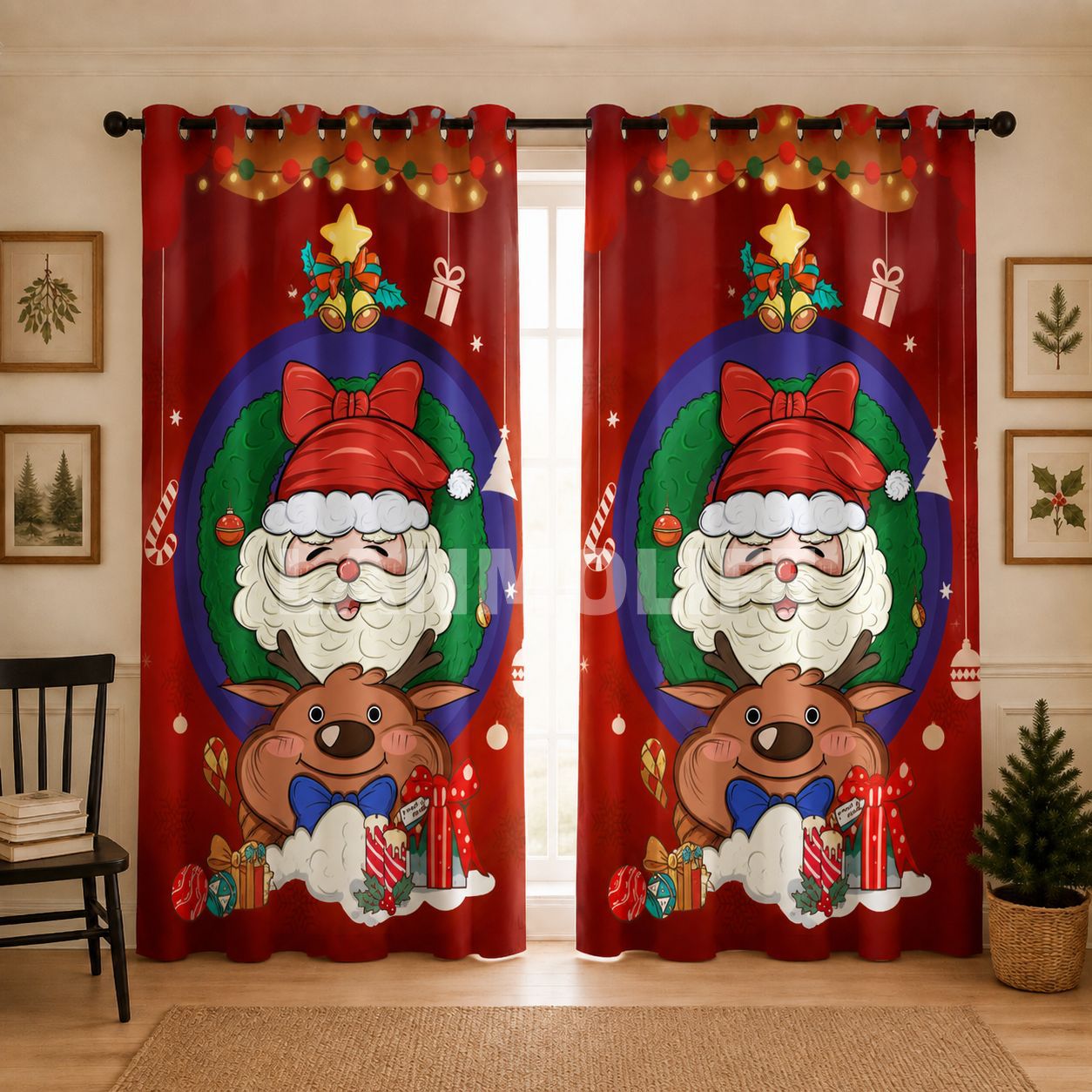 Impresión transfronteriza de cortinas de sombra de Navidad Europa y América decoración de Navidad ventana de piso sin perforación cortina de sombra al por mayor TEMU