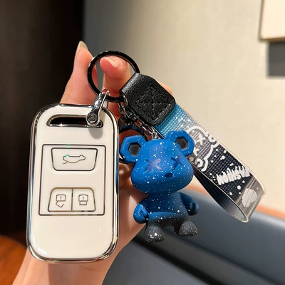 Buckle Case, Car key bag - chery-e-smart-3-key-single-shell-white-blue-violent-bear-pendant