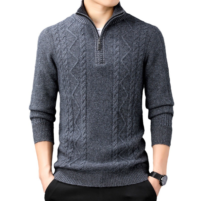Woolen winter solid color sweater with zipper