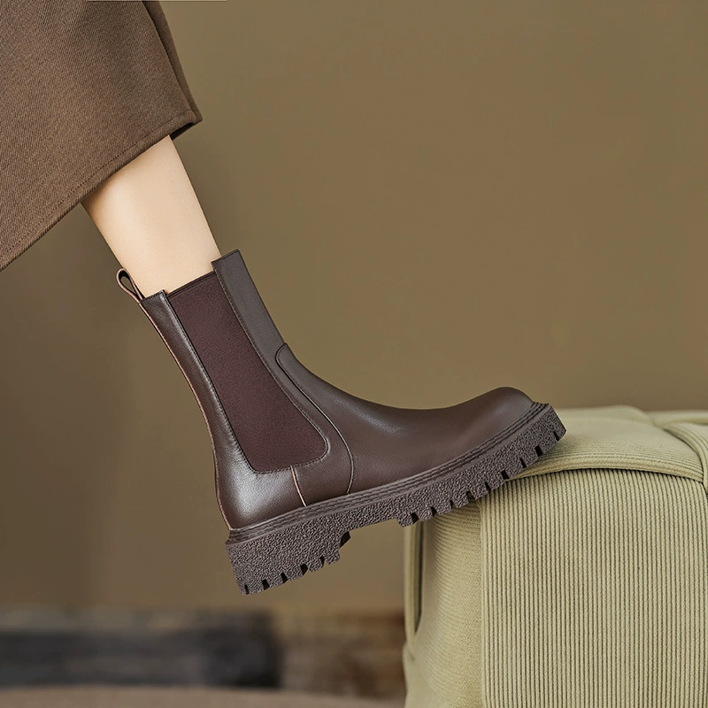 Не экстравагантные тонкие ~ маленькие кожаные короткие ботинки челси на толстой подошве Feichi, Женские Британские дымовые сапоги 2023 года