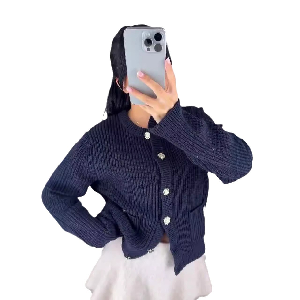2024 otoño nuevo estilo europeo y americano amazon transfronterizo de mujer de color sólido cuello redondo de botones múltiples chaqueta de jersey delgada image 5
