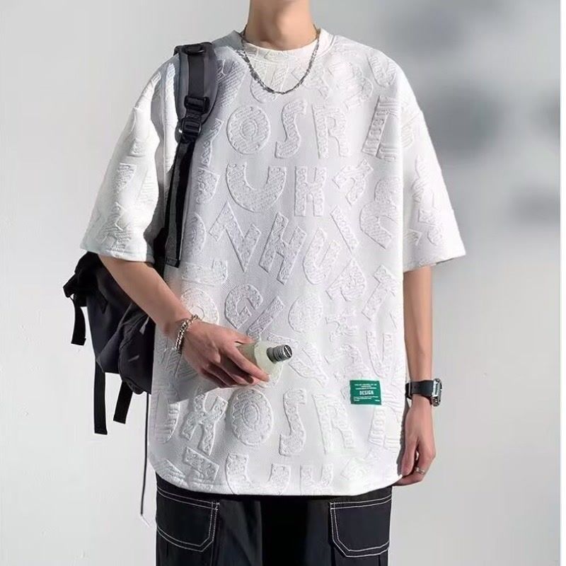 新しいジャカード半袖Tシャツメンズ2025夏トレンディハンサムイン多用途ルーズテクスチャードラウンドネックハーフスリーブ|undefined