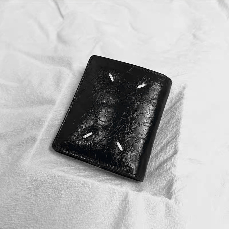 21Ss Classic First-Layer Cowhide Bifold Black Oil-Waxed Wallet with Four-Point Stitching, Unisex Black Genuine Leather Card Holder and Wallet
