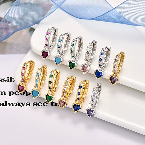 Heart-Shaped Zircon Love Earrings with 925 Silver Needles, Popular European and American Cross-Border E-Commerce Earrings, Available in 6 Colors