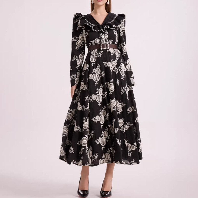 French-Style Heavy Embroidery Lotus Leaf Collar Long Dress for Women, New Spring Design with Beading, Elegant and Graceful Dress