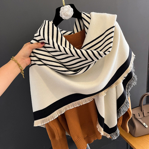 New striped shawl for women to wear outside the air-conditioned room in summer, warm imitation cashmere shoulder and neck scarf, autumn and winter