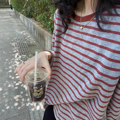 純綿の香港風の復古のストライプの長袖のtシャツの女性の春秋の新型の韓国版のゆったりしている丸首の薄いタイプのカジュアルな底のシャツ