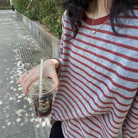 纯棉港风复古条纹长袖t恤女春秋新款韩版宽松圆领薄款休闲打底衫