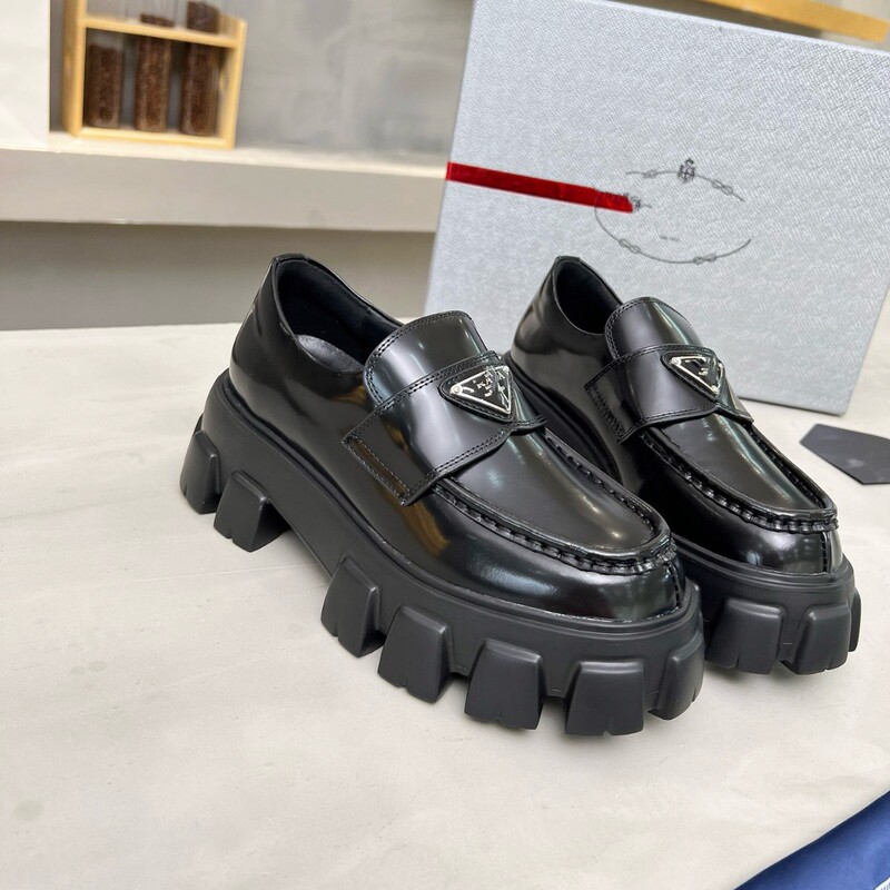 Premium Prad* Genuine Leather Thick-Soled Loafers for Women, British Style with Triangle Logo, Chunky Heel, New Model Premium Prad* Genuine Leather Thick-Soled Loafers for Women, British Style with Triangle Logo, Chunky Heel, New Model