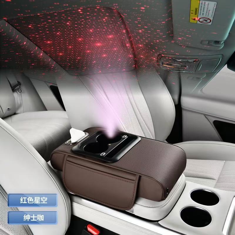 Rechargeable car armrest box with a heightening pad, multifunctional car tissue box, and rechargeable car armrest pad
