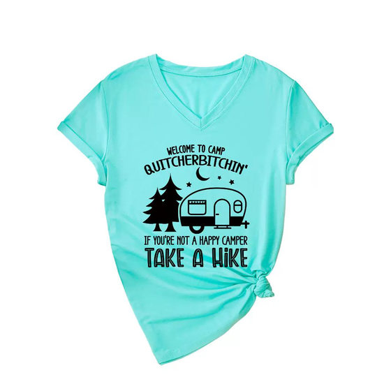 European and American New V-neck Casual T-shirt welcome to camp quitcherbitchin Summer Women's Short Sleeve