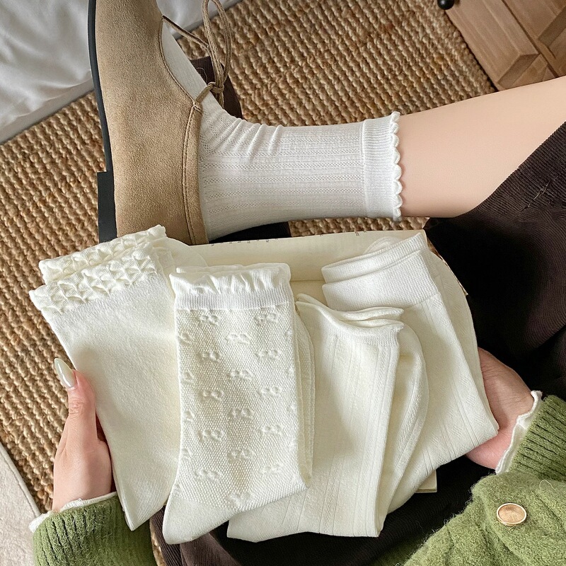 White socks for women, pure cotton mid-calf socks, suitable for spring and autumn, Korean-style lace socks, seamless, with a ruffled design, absorbent, breathable, and long