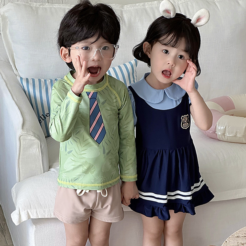 2025 New Kidsren's Swimsuit One-Piece Brother and Sister Style Fox Nick and Rabbit Officer Swimsuit Boys and Girls Beach Section