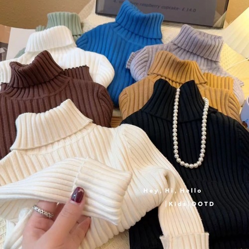 Lemily Children's High Neck Sweater Autumn and Winter New Style Ribbed Pure Color Men and Women Baby Slim Knitted Underwear Warm Sweater