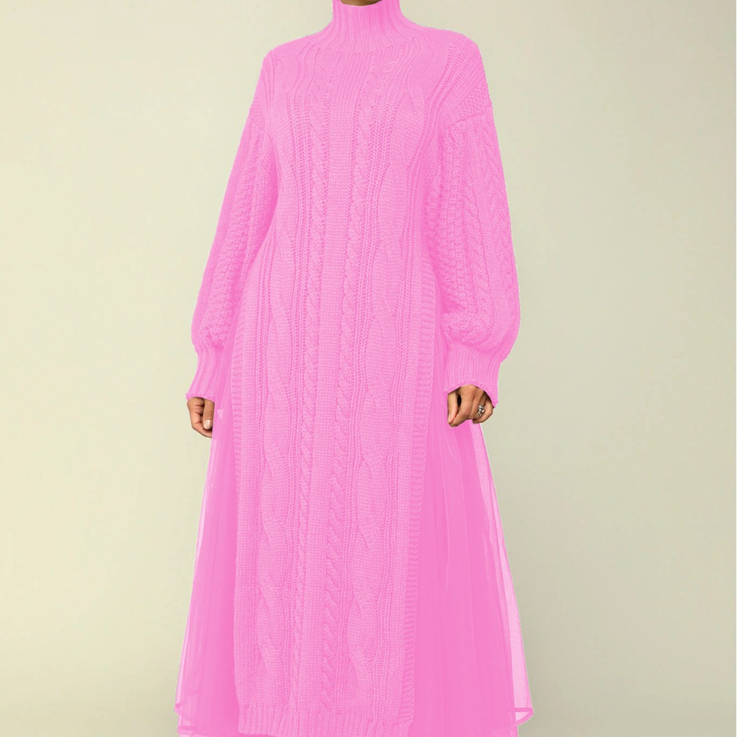 Vêtements pour femmes mode féminine couleur unie manches lanterne col montant jupe tricotée pull jupe robe costume deux pièces_voghion.com
