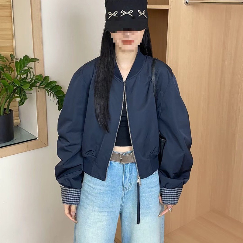 韩系格纹拼接袖口立领棒球服外套女2025秋季时尚休闲百搭夹克上衣|undefined