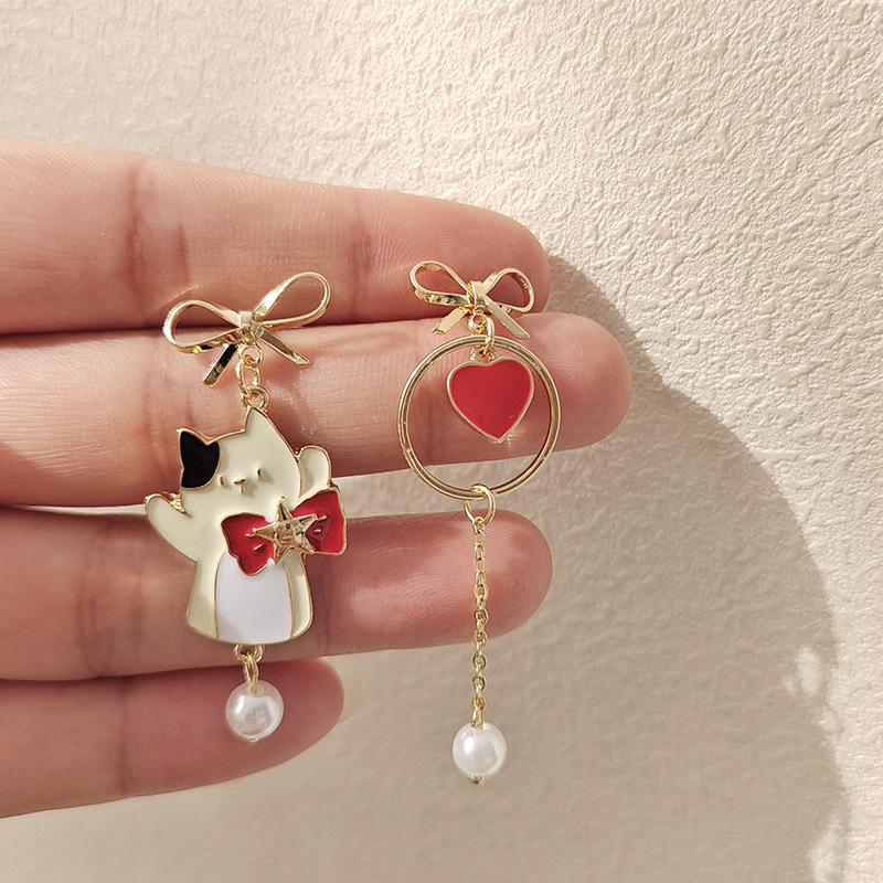 Fashion Heart Shape Cat Bow Knot Alloy Plating Artificial Pearls Women's Drop Earrings 1 Pair display picture 6