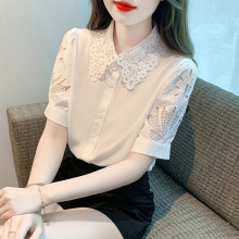 镂空娃娃领雪纺衬衫女2025年新款夏季短袖白衬衣洋气小衫薄款上衣