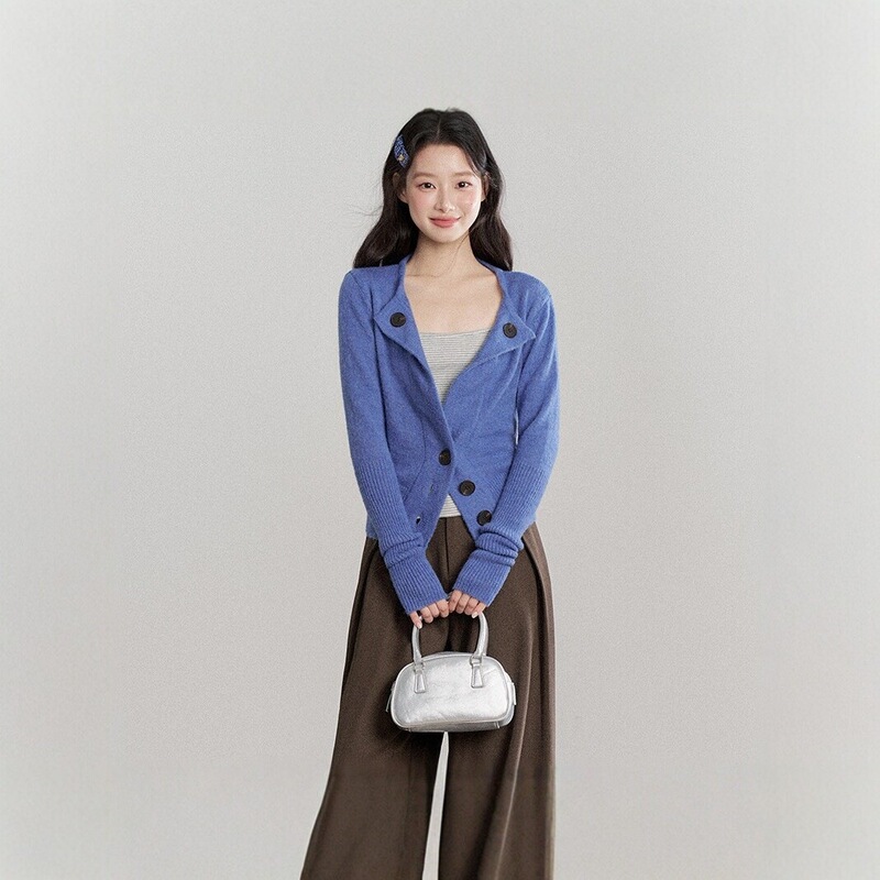 Stylishly designed blue mohair waist-cinching sweater coat for women, 2026 spring and autumn new fashion casual knitted cardigan Stylishly designed blue mohair waist-cinching sweater coat for women, 2026 spring and autumn new fashion casual knitted cardigan