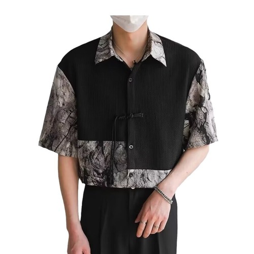 Stitching Men's Summer Shirt, Hong Kong Style, Student Loose Fit, Unique Design, Fun Men's Top for Outerwear
