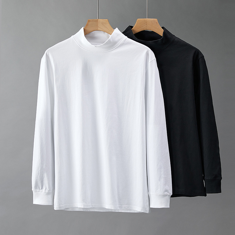 Autumn Pure Cotton Loose Ribbed Cuff Men's Long-Sleeve T-Shirt High-Neck Solid Color Student Top Undershirt Autumn Pure Cotton Loose Ribbed Cuff Men's Long-Sleeve T-Shirt High-Neck Solid Color Student Top Undershirt
