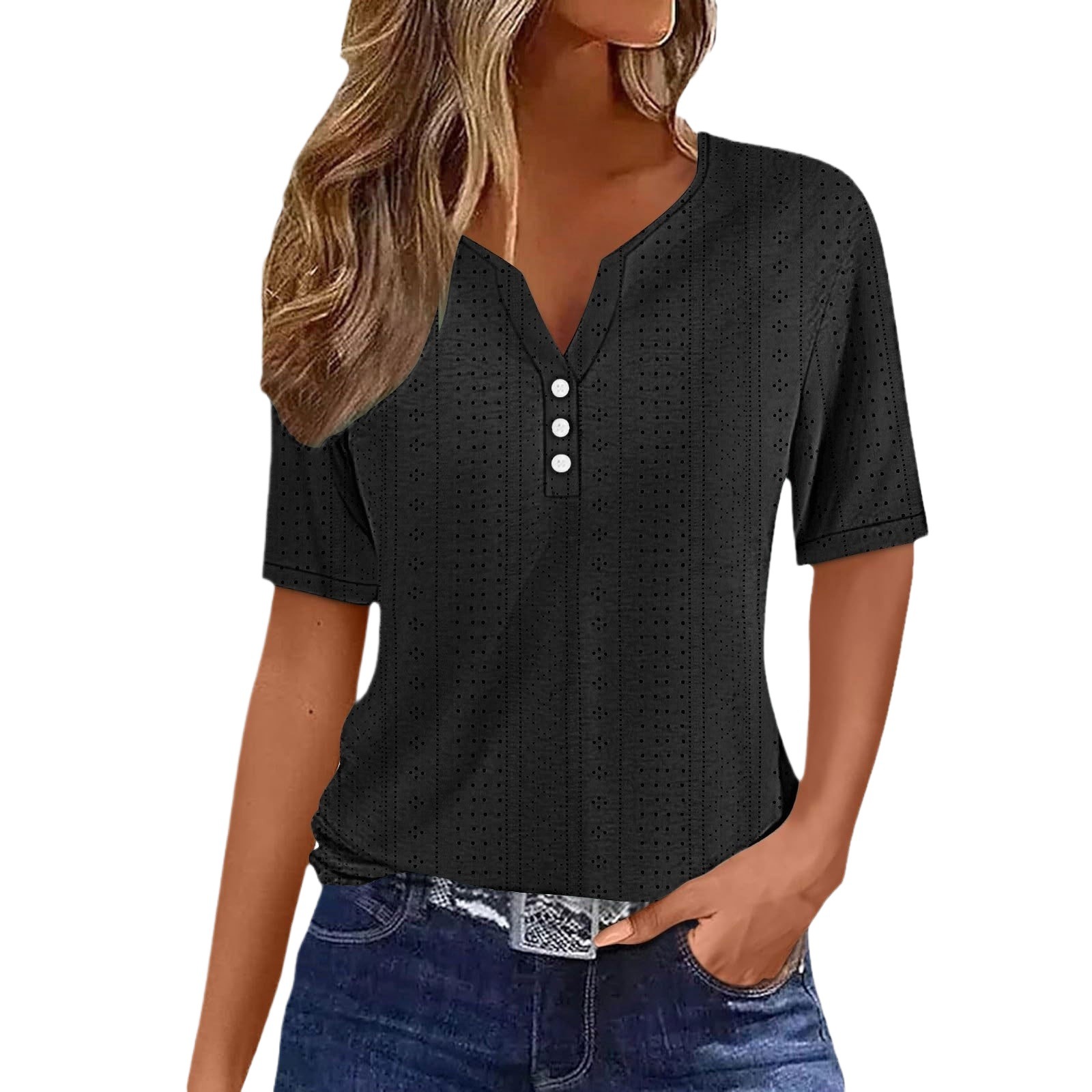 Cross-border European and American Women's Summer Top Vacation Fashion Casual Loose Comfortable V-neck Jacquard Hollow Short-sleeved T-shirt 5