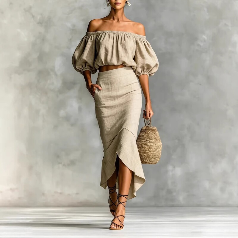 Loose-fitting women's new top 2026 set, elegant off-shoulder short-sleeve European and American high-waisted midi skirt for commuting