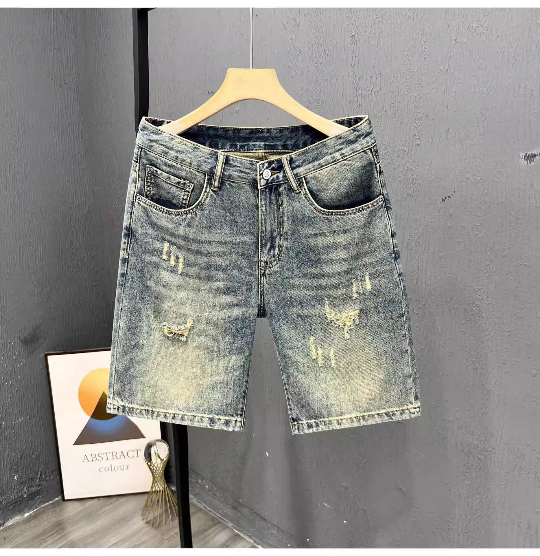 Men's Lightweight Distressed Denim Shorts Trendy High End Printed Patchwork Mid-Length Stretch Five-Point Pants Summer_mkmklike.com