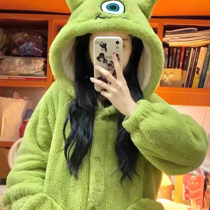 귀여운 큰 눈의 산호 양털 나이트 가운 여성의 가을과 겨울 긴 기모 두꺼운 따뜻한 후드 아우터 파자마 홈 의류