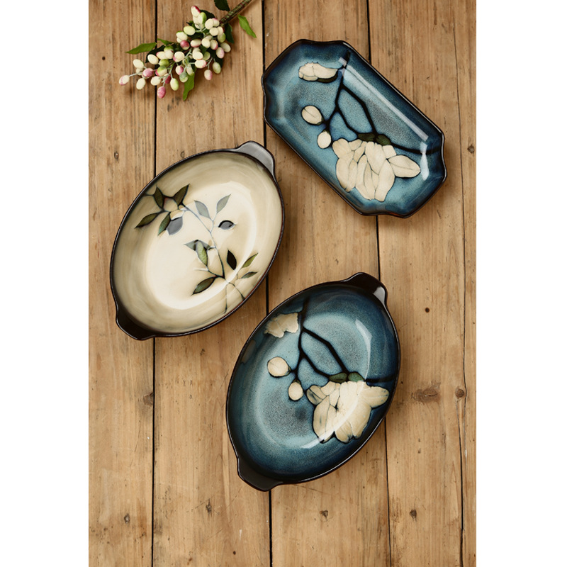 Flor pintada a mano de cerámica plato de pescado grande horno cambio creativo Placa de doble oreja hogar plato profundo bajo vidriado color a juego plato de sushi grande