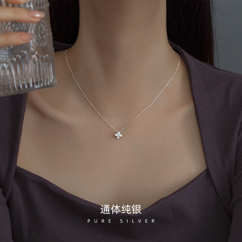 S925 sterling silver plated 14K zircon four-leaf clover necklace simple diamond super flash flower pendant clavicle chain ins trendy