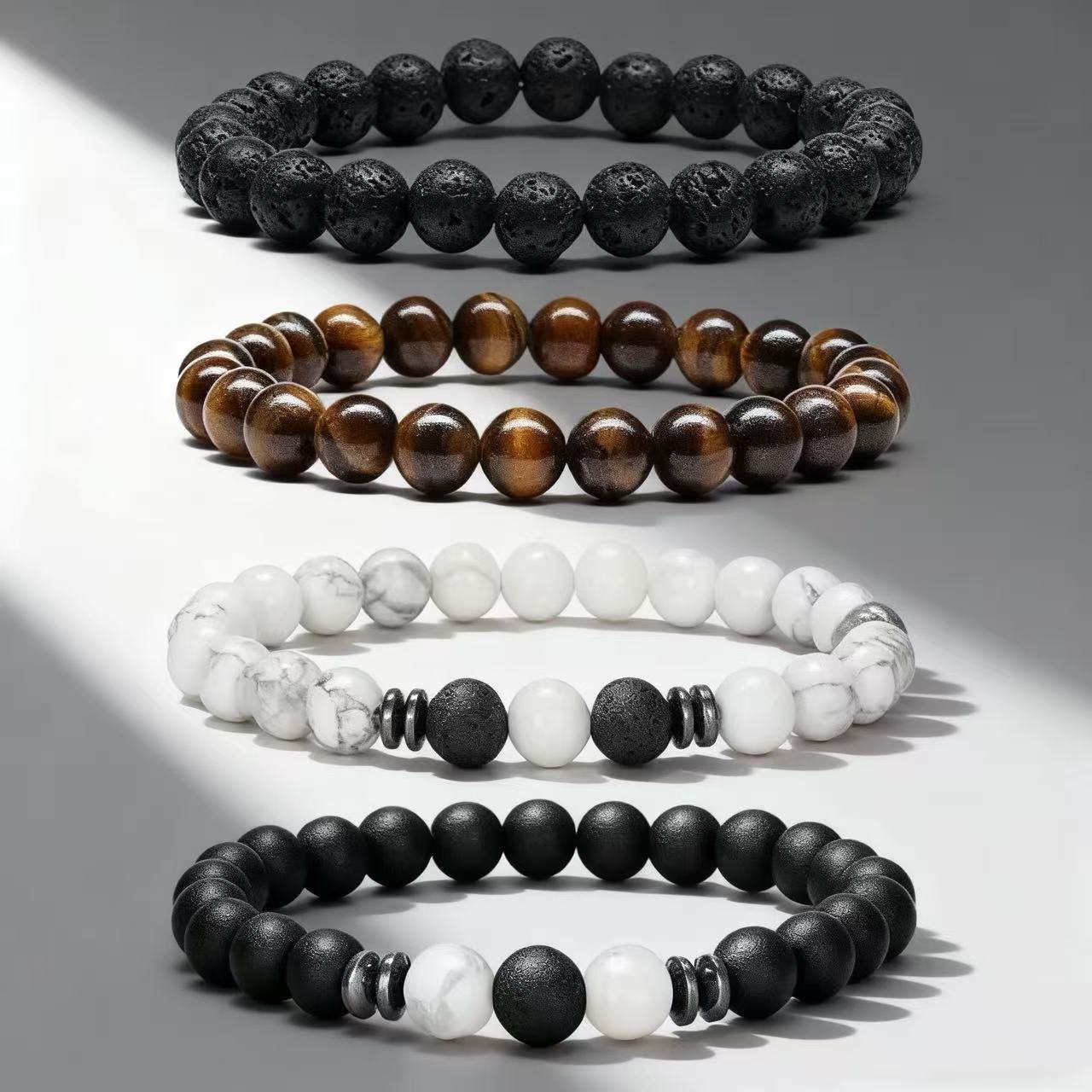 Conjunto de 4 pulseiras elásticas de alta qualidade e estilo masculino com contas de pedra vulcânica olho de tigre e turquesa branca para casais._voghion.com