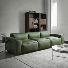 意式极简真皮沙发客厅绿色北欧复古直排小户型头层牛皮豆腐块沙发