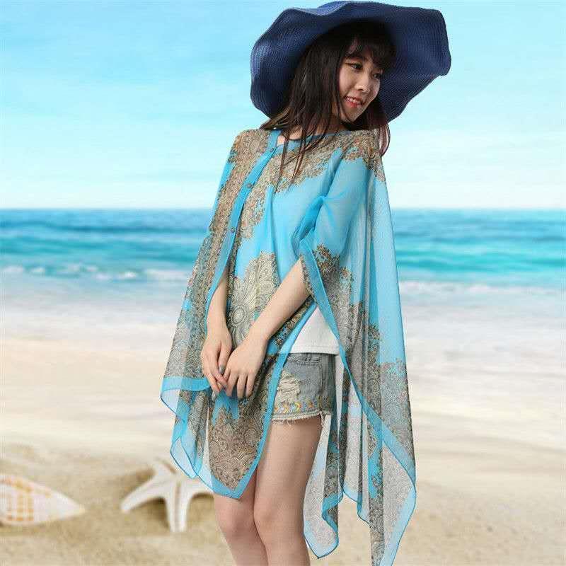 エスニックスタイルショール日焼け止め服女性のための夏の薄いマントシフォンシャツプリントスカーフレトロスタイル|undefined