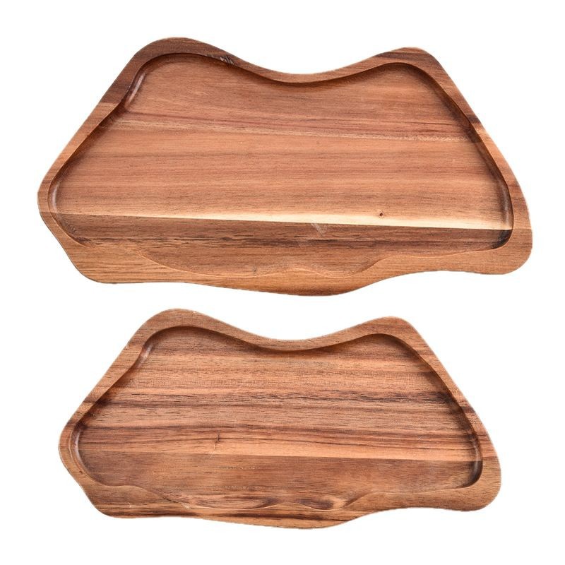 Transfronteriza venta directa de bandejas de madera acacia irregular sushi pizza pan pan madera bocadillos tablero de corte bandeja en forma de M