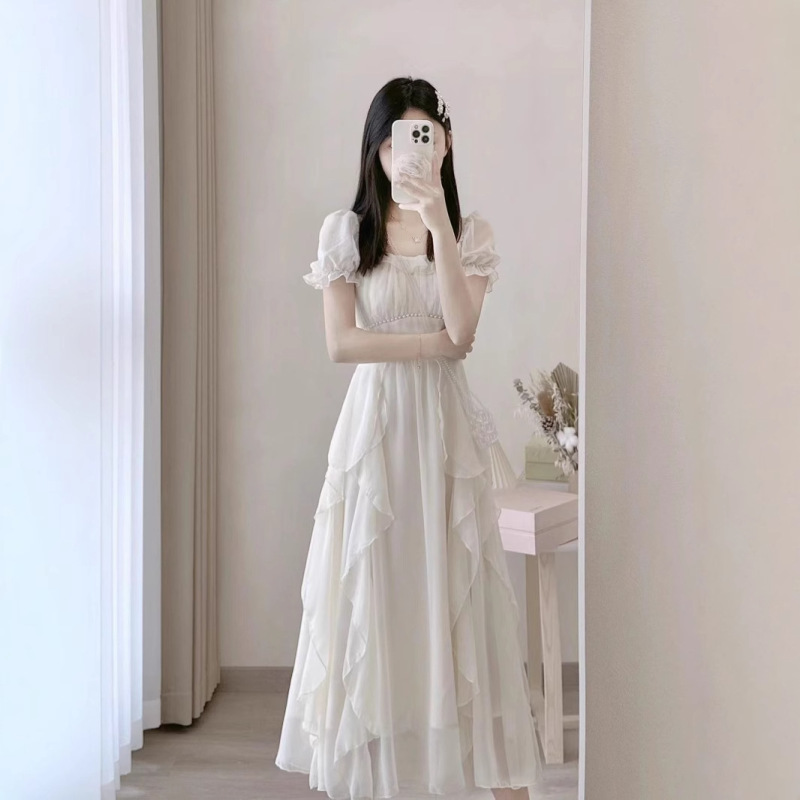 フレンチスクエアネック甘くて優しいフェアリースタイルドレスレディース夏の新しい女性のウエスト痩身ミドル丈スカート|undefined