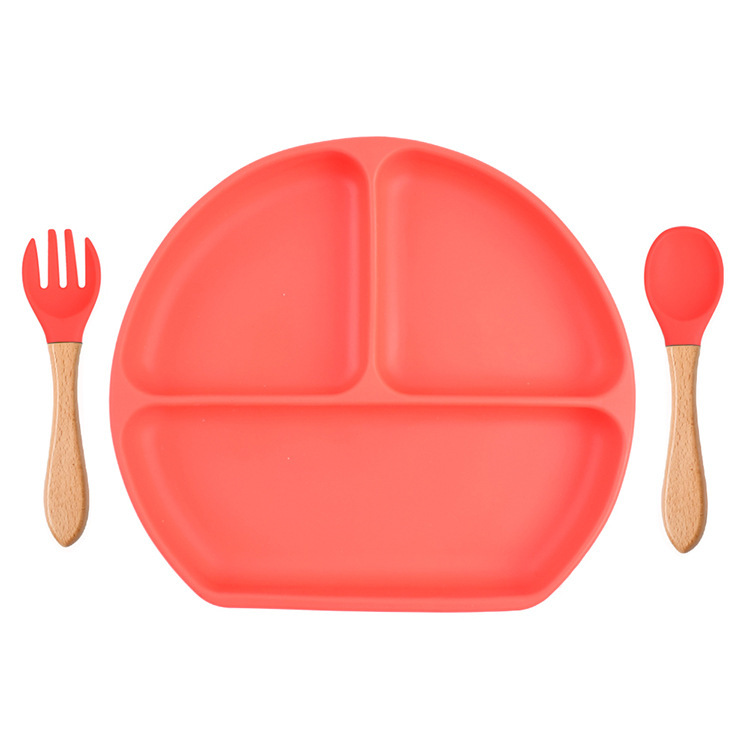 スポット分格子供食器ベビー吸盤シリコンボウル赤ちゃんスプーンストロー一体式シリコン皿|undefined