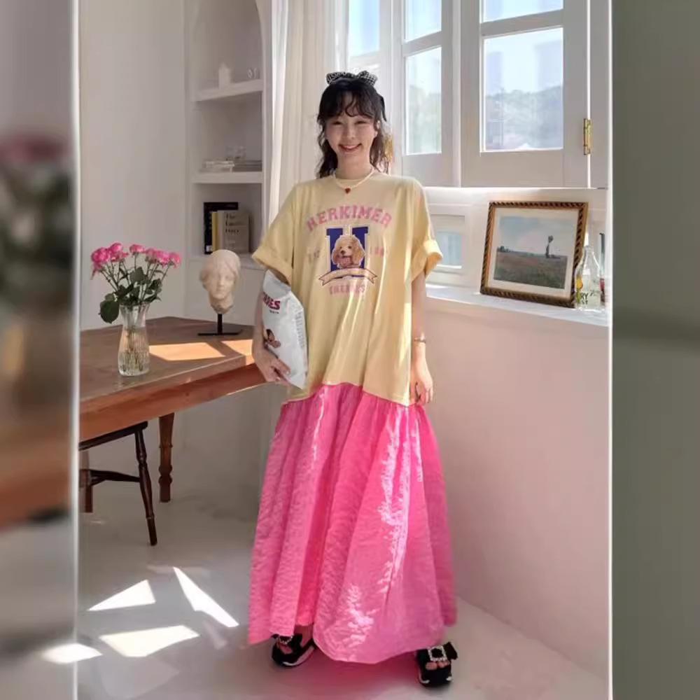 韩国chic夏季甜美减龄卡通字母印花拼接撞色宽松休闲短袖连衣裙女