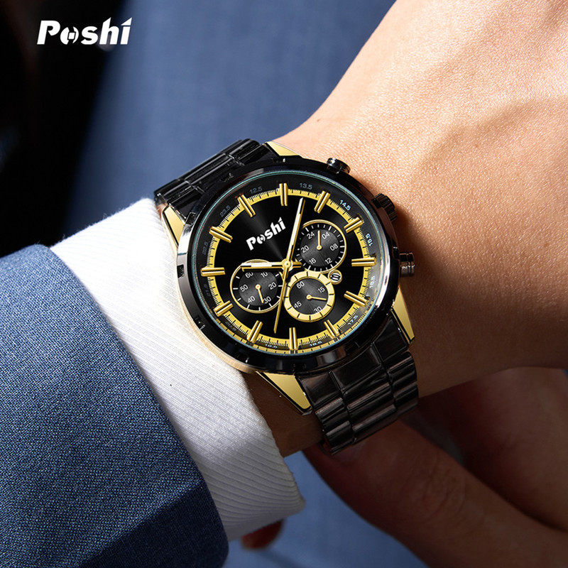 Poshi marca nuevos hombres reloj impermeable luminoso tendencia estudiante reloj de cuarzo hombres de acero refinado cinturón calendario