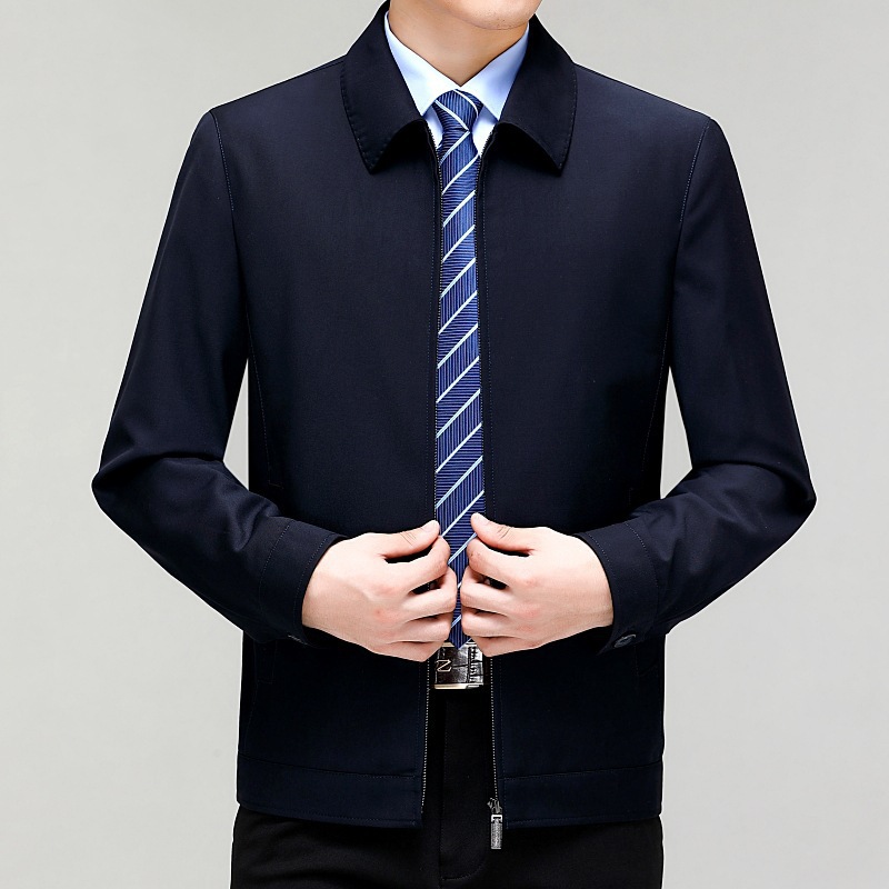 专柜品牌男装羊毛夹克中老年休闲商务翻领外套奢华秋季纯色茄克衫