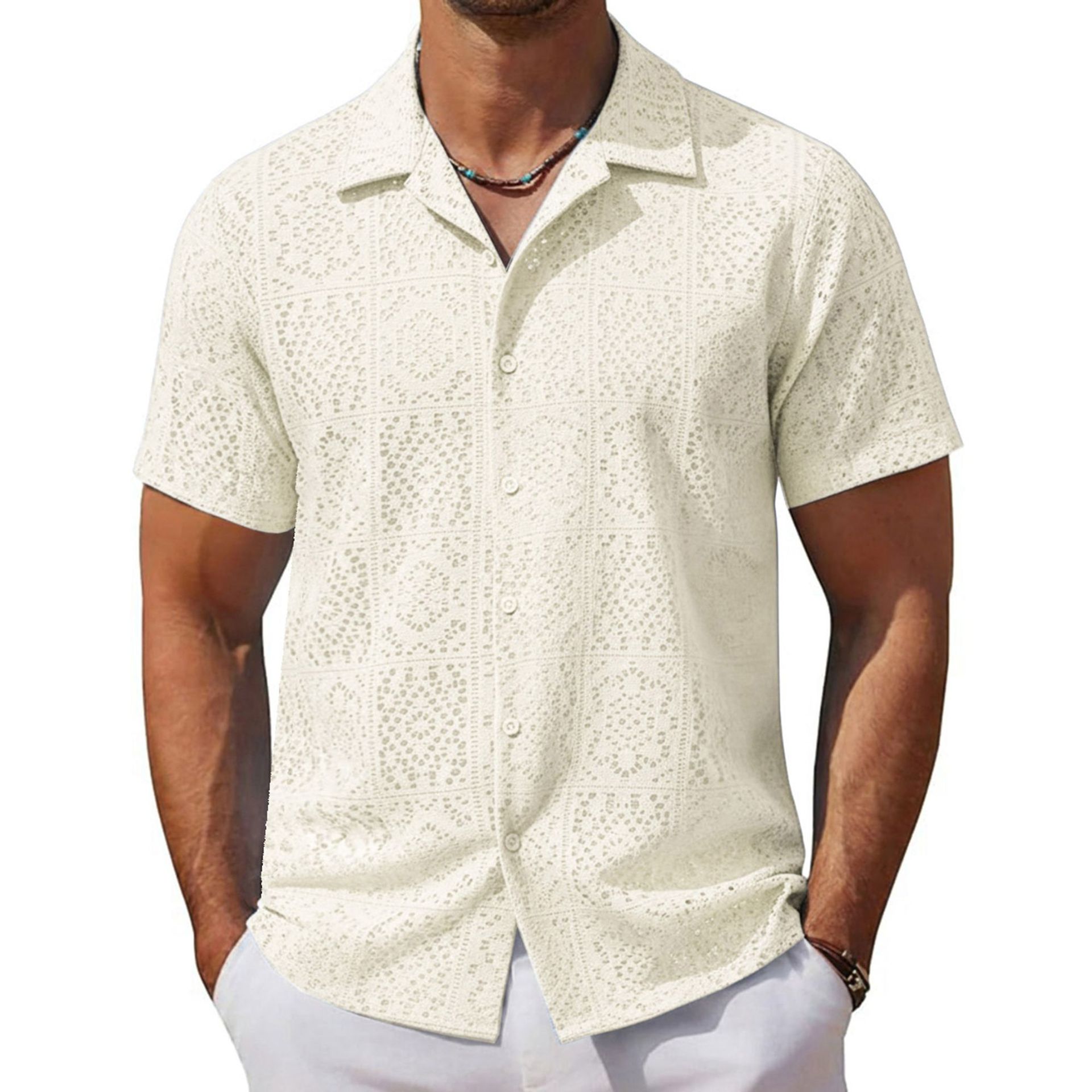 Ropa de hombre para comercio exterior transfronterizo, camisa casual europea y americana con aberturas, camisa de verano nueva con encaje y manga corta para hombre A0307