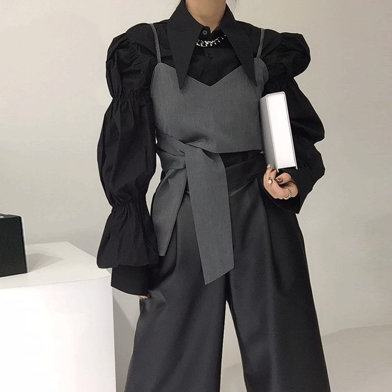 韩国chic春季新款气质百搭灯笼袖心机衬衫+外搭吊带背心两件套